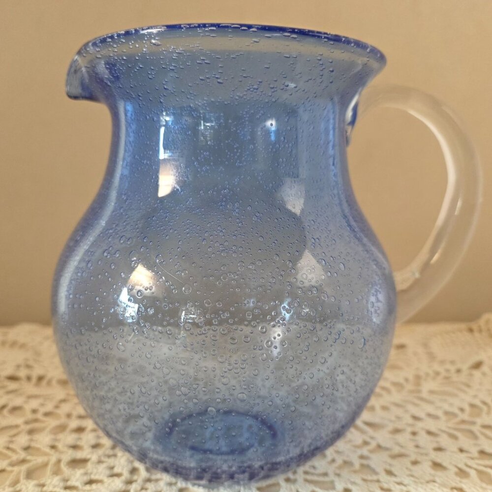 Vintage Cobalt Handblown Bubble Glass Pitcher With Clear Applied Handle - Picture 5 of 16